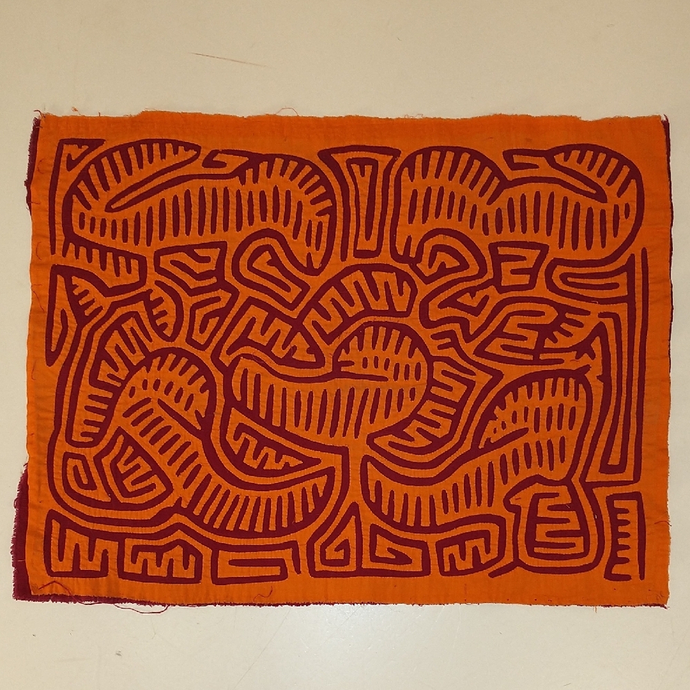 Escher Like Mola Orange & Red Abstract and Vibrant Hand Crafted Textile 15x19